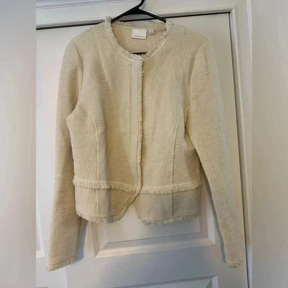 Anthropologie ETT:TWA Bardot Knit Tweed Cream Ivory Moto Jacket Zip Medium EUC!